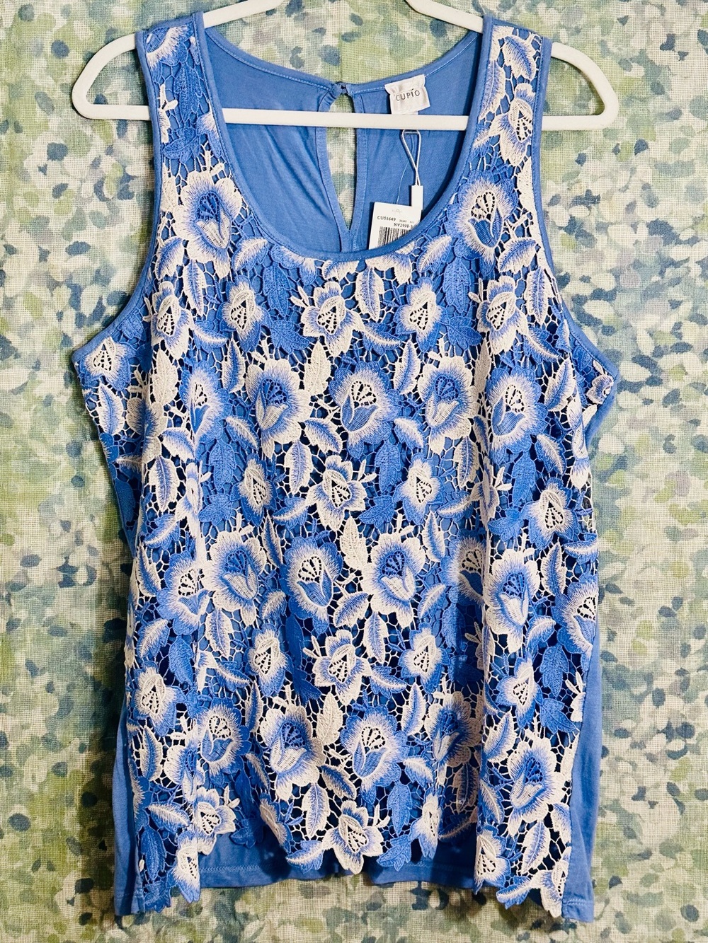 NWT Cupio Blue Floral Lace Tank Top XL Sleeveless Keyhole Back Blouse